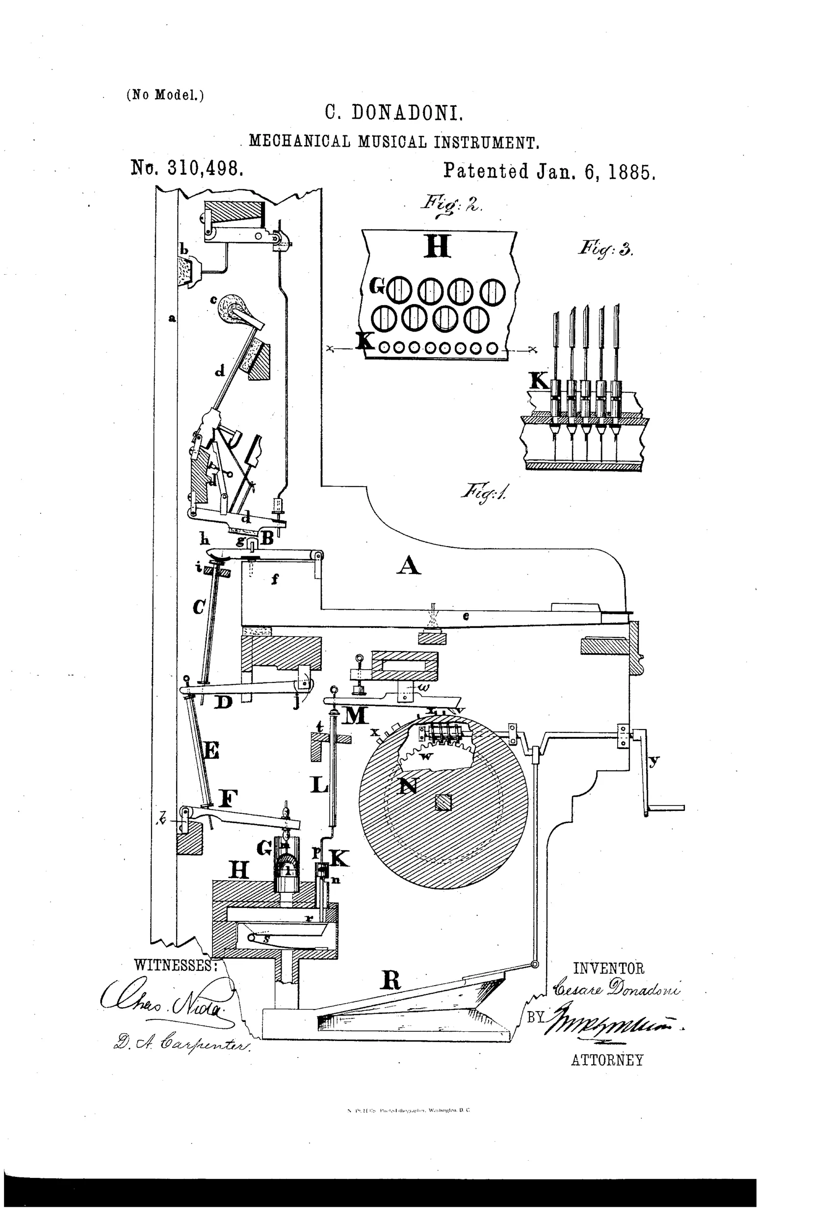 Patent drawing showing a piano's internal mechanism including key-levers, hammers, dampers, a large pin-barrel cylinder N with crank y, wind-chest H, small piston cylinders K, and connecting rods and levers labeled B through R, with inset figures 2 and 3 detailing the cylinder and piston arrangement.