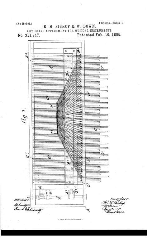 Patent drawing showing a rectangular wooden frame housing a fan-shaped array of thin rod-like note-levers converging toward a central perforated music card mechanism, with rows of upright key-striking arms labeled G* extending outward, and control rods and gearing at the base of the frame.