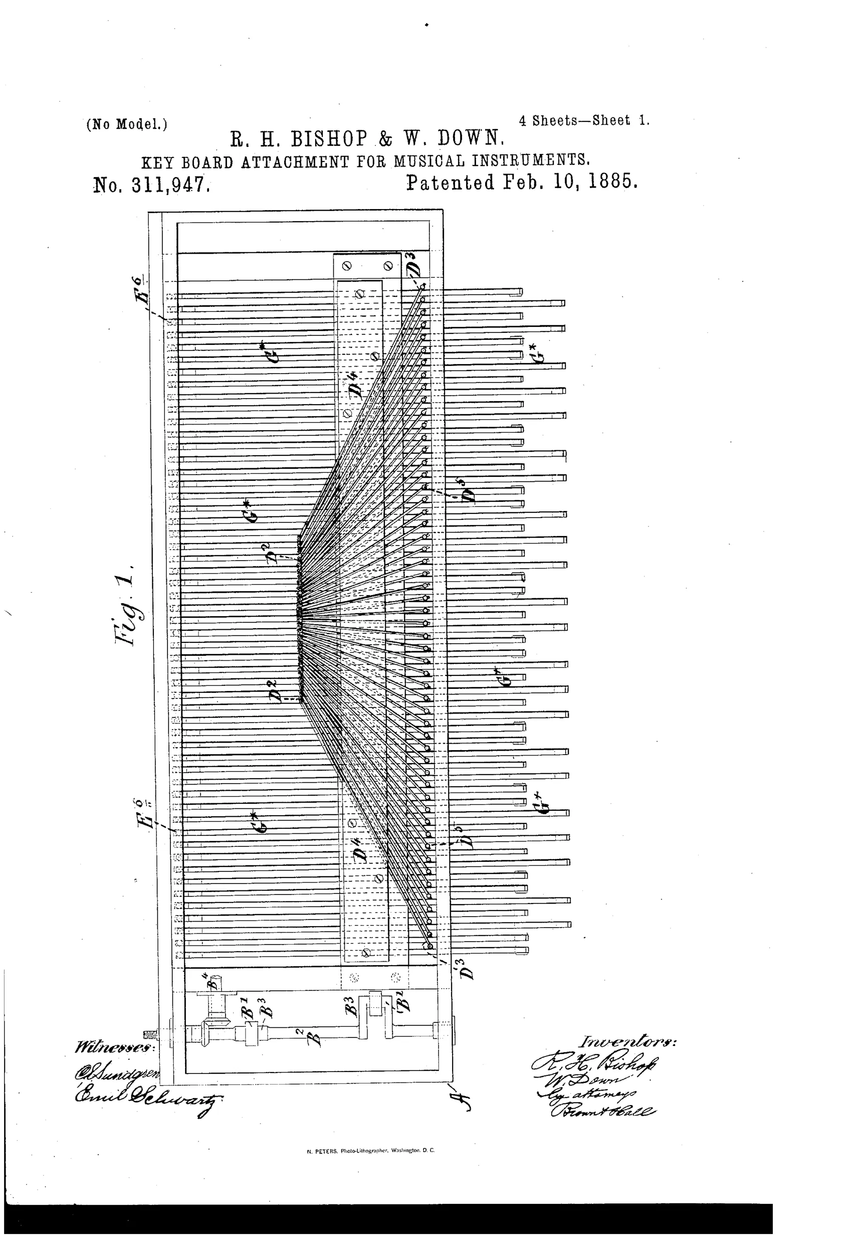 Patent drawing showing a rectangular wooden frame housing a fan-shaped array of thin rod-like note-levers converging toward a central perforated music card mechanism, with rows of upright key-striking arms labeled G* extending outward, and control rods and gearing at the base of the frame.