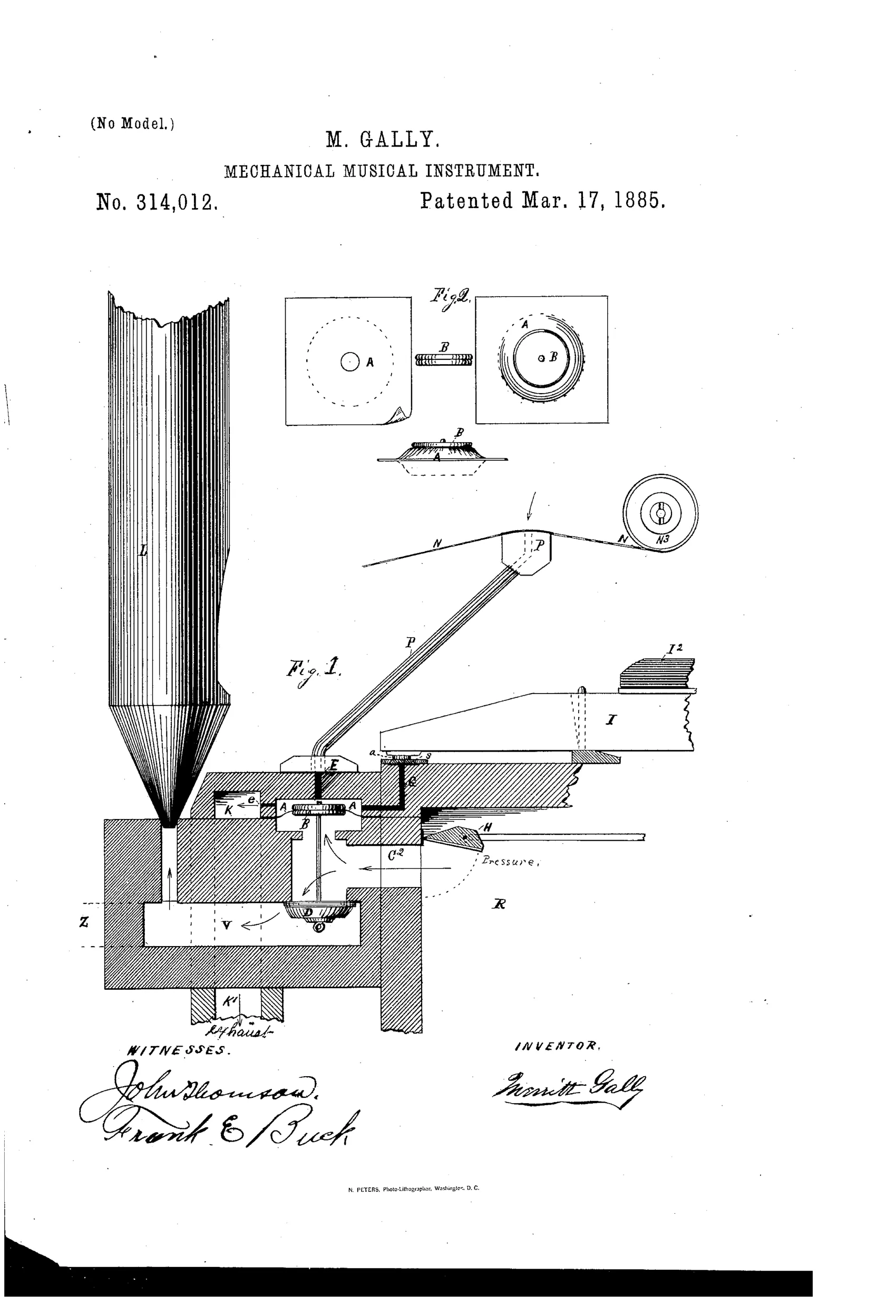 Patent drawing showing a cross-section of an organ pipe assembly with a tapered pipe (L), an air-passage and valve mechanism (D, A, B), an exhaust chamber, and a pneumatic linkage (P, N) connecting to a roller (N3), alongside two inset diagrams (Fig. 2) illustrating the flexible diaphragm and button construction.