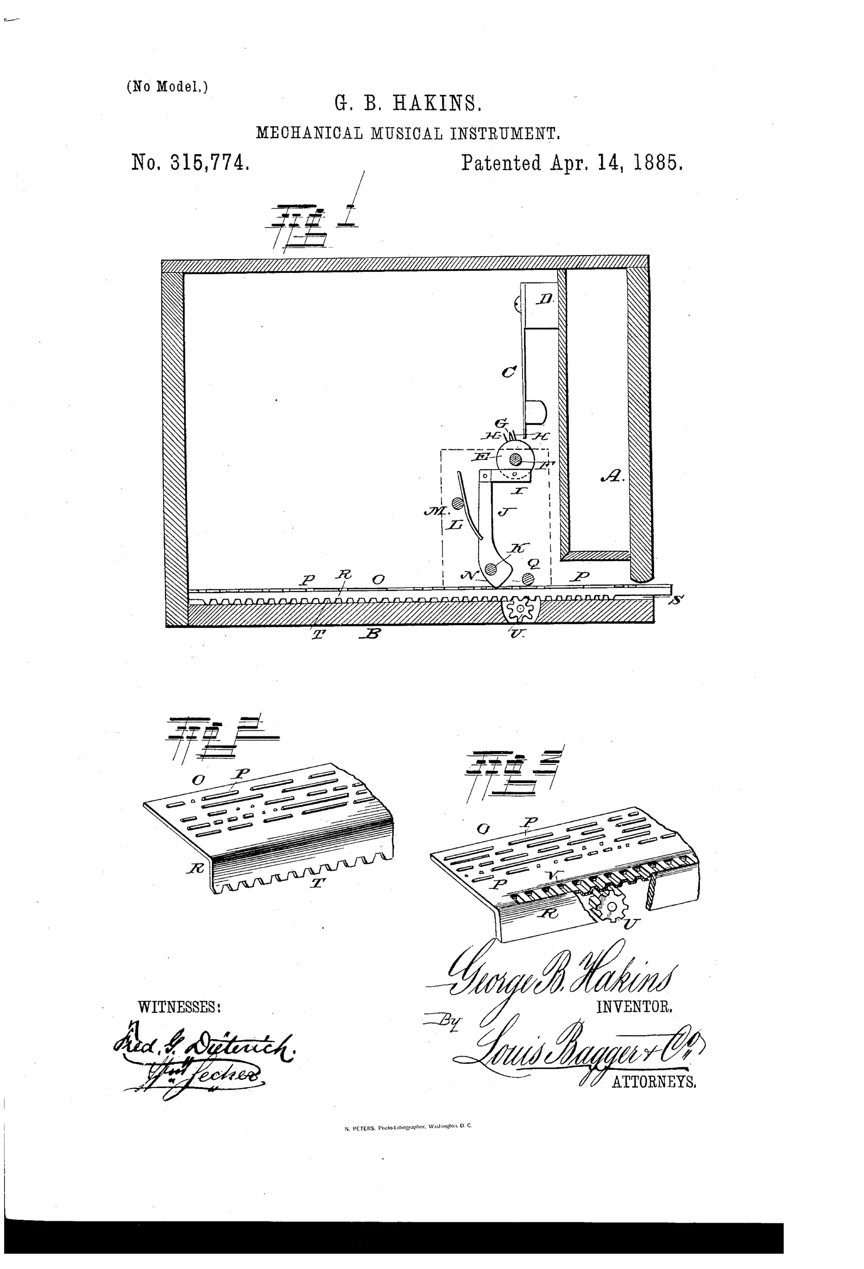 Cross-sectional patent drawing of a music box showing an upright comb of tuned teeth, a pivoted picker-disk and lever mechanism, and a perforated metal sheet traveling along a bed plate driven by a pinion gear, with two additional perspective views of the sheet's projection pattern below.