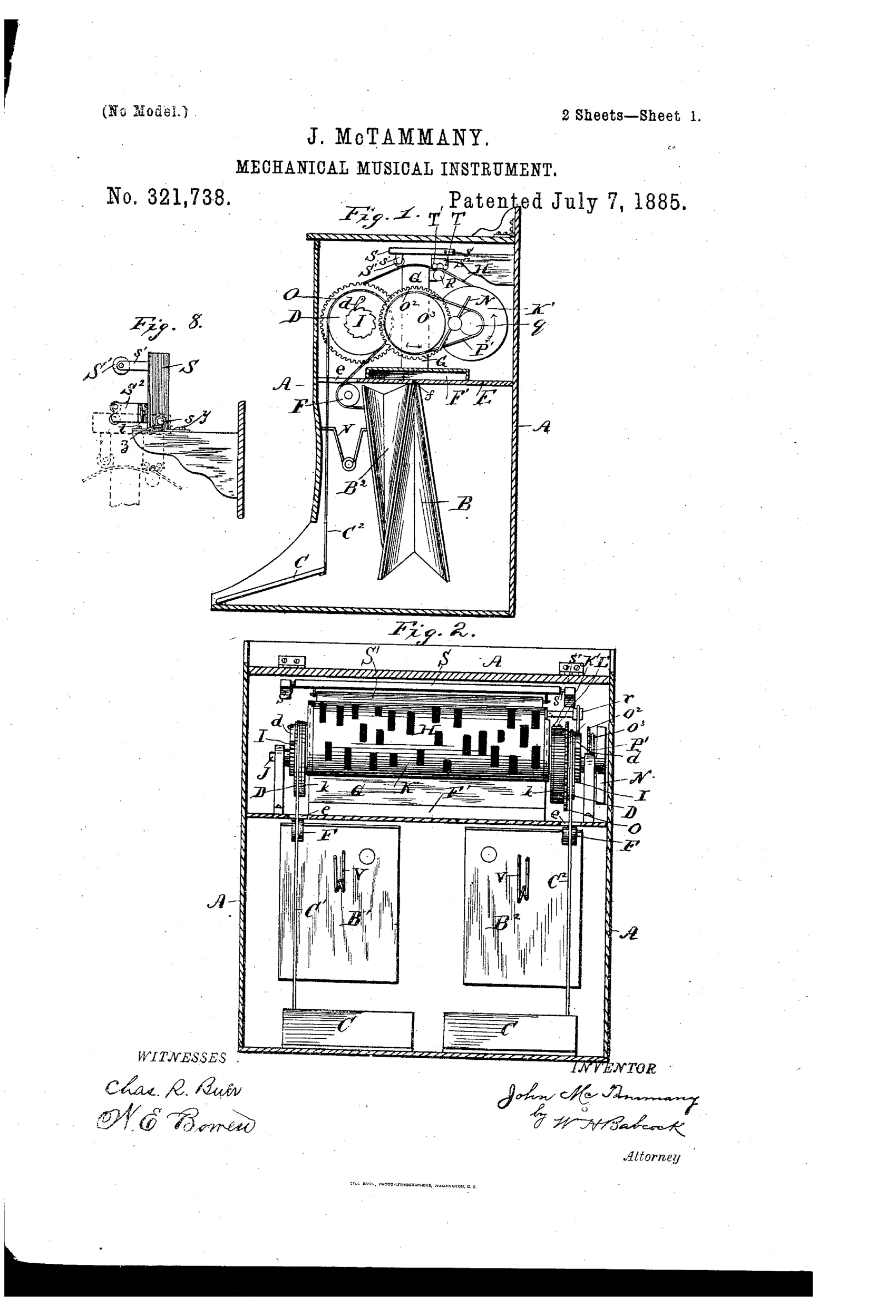 Patent drawing of a McTammany automatic reed organ showing the internal gearing, bellows treadles, winding rolls, and a perforated music-sheet feeding over a reed-board inside a wooden case.