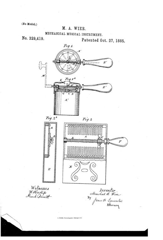 Patent drawing showing a hand-cranked mechanical musical instrument with a circular reed holder and handle in Fig. 1, its cross-section in Fig. 1A, and a rectangular two-row reed variant with scroll-decorated chest in Figs. 2 and 2A.