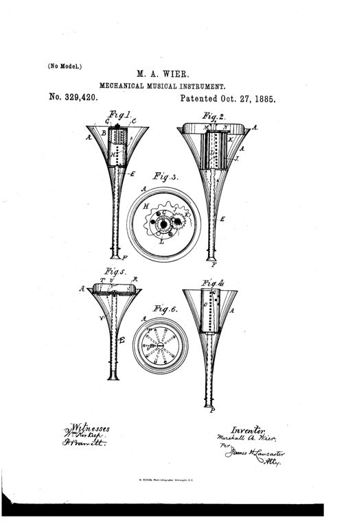 Patent drawing of a trumpet-shaped mechanical musical instrument with internal reed scale-plate, rotating air tube, and perforated paper tune drum, shown in six labeled cross-sectional and end views.
