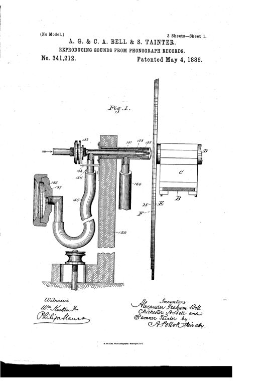 Technical patent drawing showing a vertical cross-section of a phonograph sound reproducer: a wax-coated record disk (F) sits on a metal disk (E) mounted on an arbor (D), with a jet-tube (151) aimed at the record's surface and connected through a branching tube (154) to a diaphragm-equipped ear-piece (156), all mounted on an adjustable vertical standard (150).