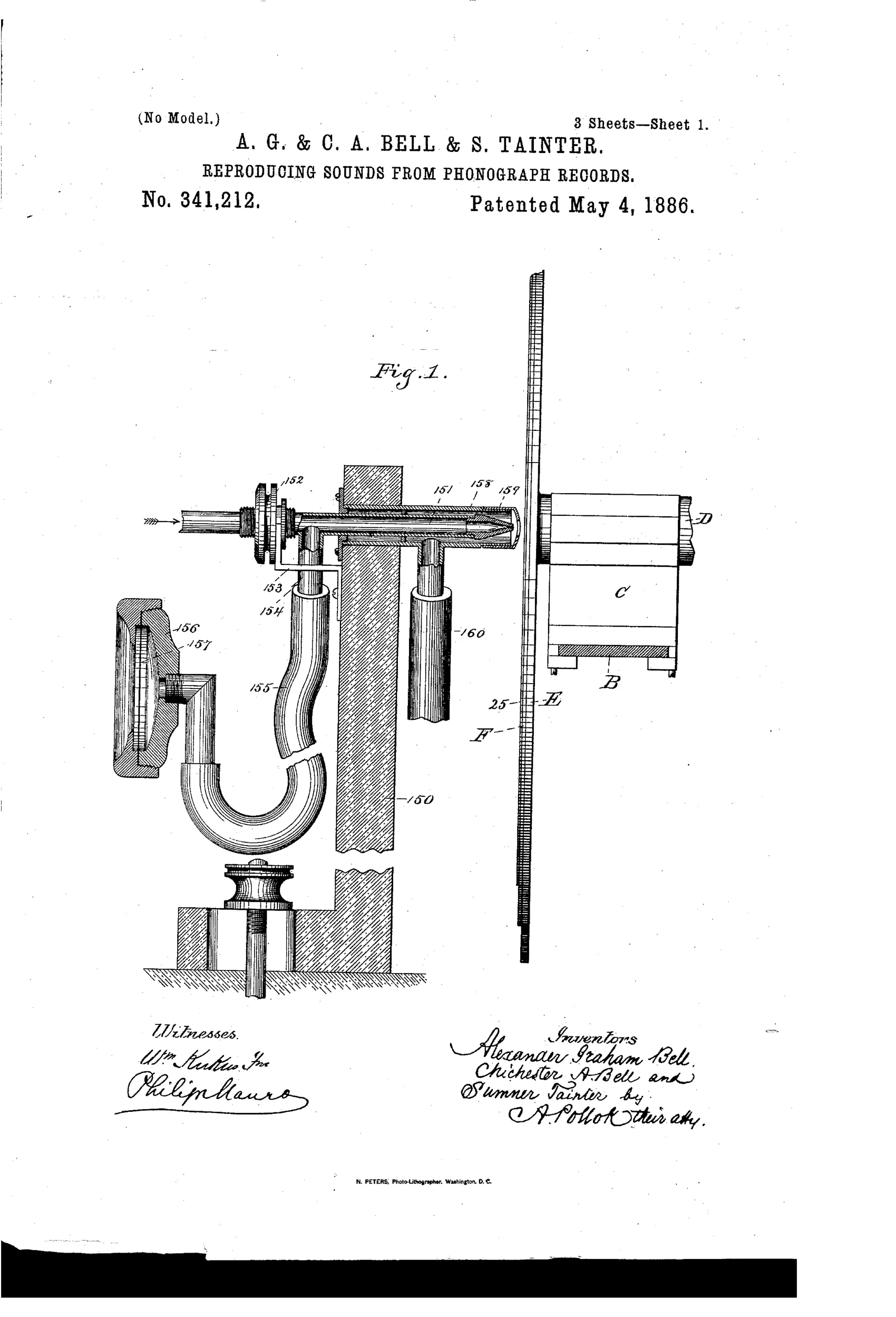 Technical patent drawing showing a vertical cross-section of a phonograph sound reproducer: a wax-coated record disk (F) sits on a metal disk (E) mounted on an arbor (D), with a jet-tube (151) aimed at the record's surface and connected through a branching tube (154) to a diaphragm-equipped ear-piece (156), all mounted on an adjustable vertical standard (150).