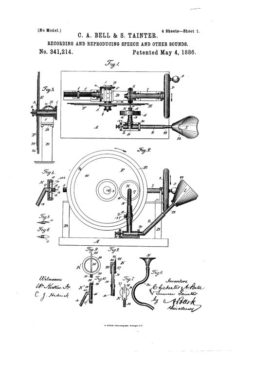 Patent drawing showing a rotating wax-coated disk mounted on a base with an upright frame, a crank-driven flywheel turning the disk through gears, a cutting-style recorder mechanism above the disk connected by tubing to a nose-fitting mouth-piece, and several detail insets of the stylus, reproducer, and friction-clamp components.