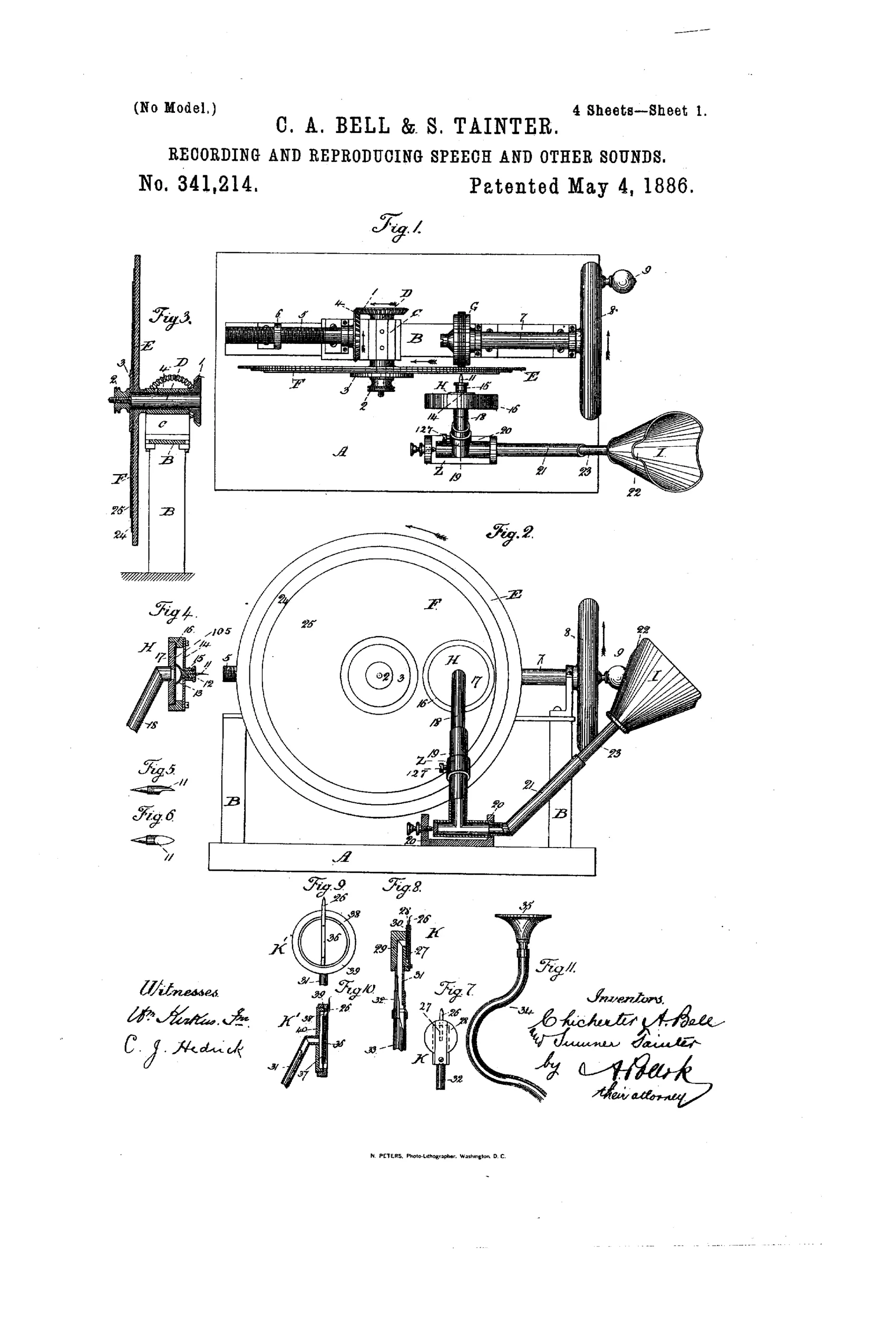 Patent drawing showing a rotating wax-coated disk mounted on a base with an upright frame, a crank-driven flywheel turning the disk through gears, a cutting-style recorder mechanism above the disk connected by tubing to a nose-fitting mouth-piece, and several detail insets of the stylus, reproducer, and friction-clamp components.