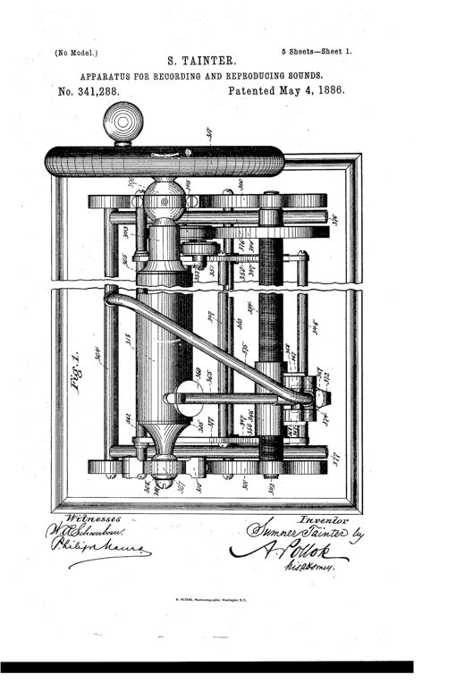 Patent drawing of an early wax-cylinder phonograph showing a large flywheel-driven cylinder mounted on a wooden base, with a recorder arm bearing a flaring elliptical mouth-piece and tapering tube feeding into a diaphragm and stylus assembly that traces the rotating tablet.