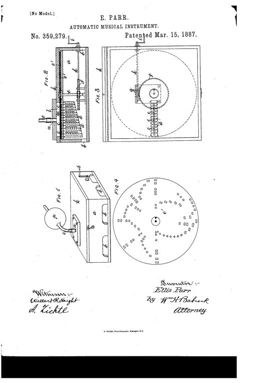 Four patent drawings show a wooden box organette with a hand crank, an internal spindle and reed chambers, and a round perforated paper disc used to select the tune.