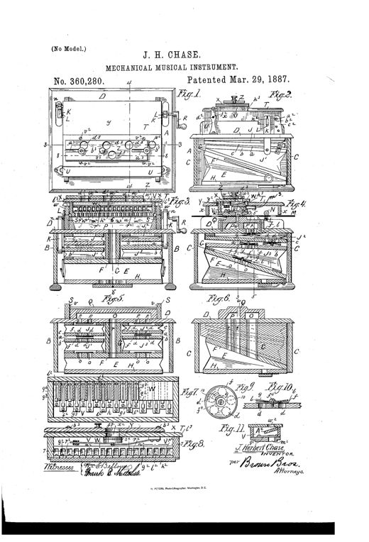 A detailed engineering plan and side views of a wooden mechanical musical instrument case showing a perforated paper roll mechanism, crank handle, feed and presser rolls, paired bellows exhausters, and a reed-chest with individual reed cells, all labeled with reference letters for the patent drawing.