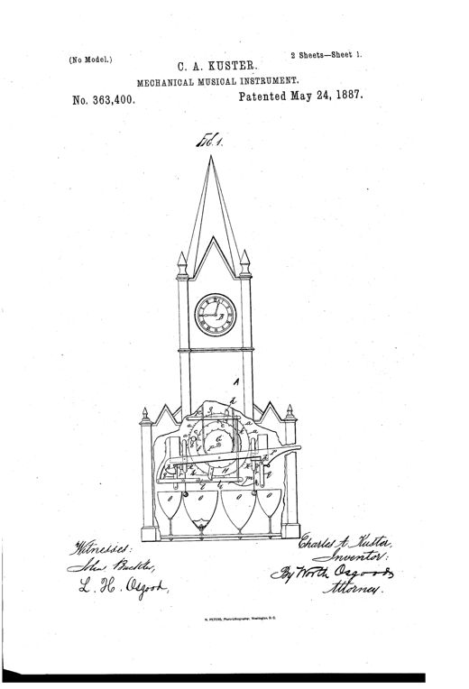 A patent drawing of a church-tower-shaped clock case with a steeple, a round clock face, and an internal pinned barrel mechanism connected by gears and levers to rows of bells at the base.