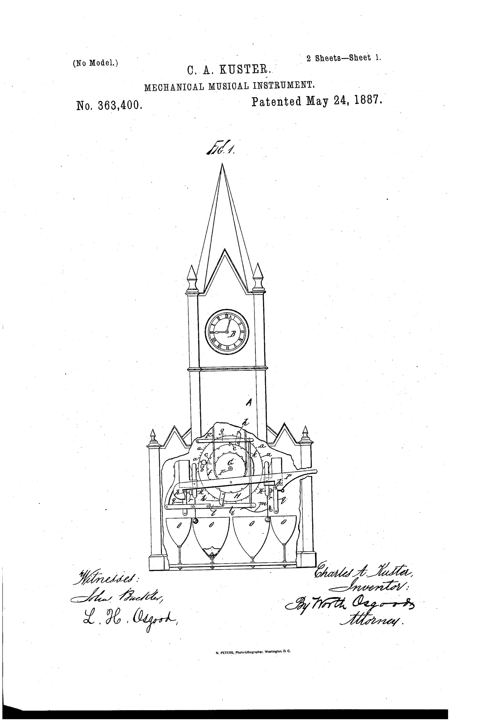 A patent drawing of a church-tower-shaped clock case with a steeple, a round clock face, and an internal pinned barrel mechanism connected by gears and levers to rows of bells at the base.