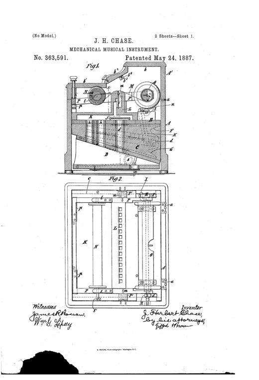 Patent drawing of a cabinet-style mechanical organ showing internal bellows, reed board, driving shaft with cranks, and paper music-sheet rollers, with a hinged cover above.