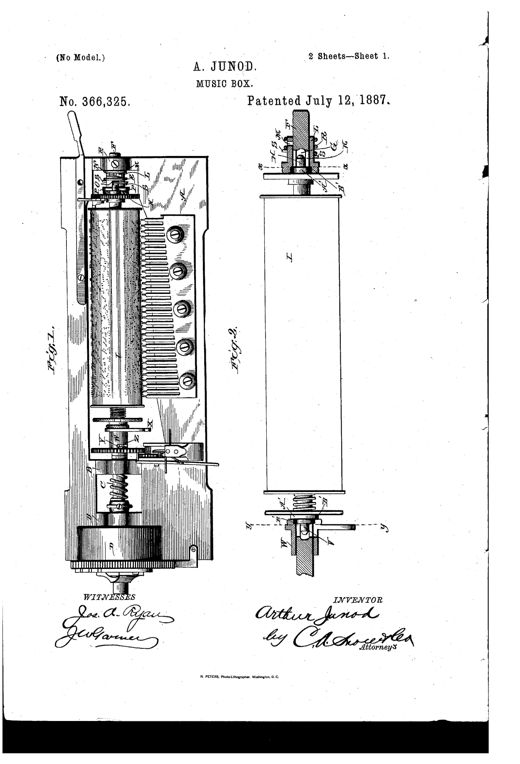 Patent drawing of a cylinder music box mechanism showing the pinned cylinder, tuned comb with teeth, main shaft with sleeves and sockets, and a separate cross-sectional detail of the locking sleeve and spindle assembly.