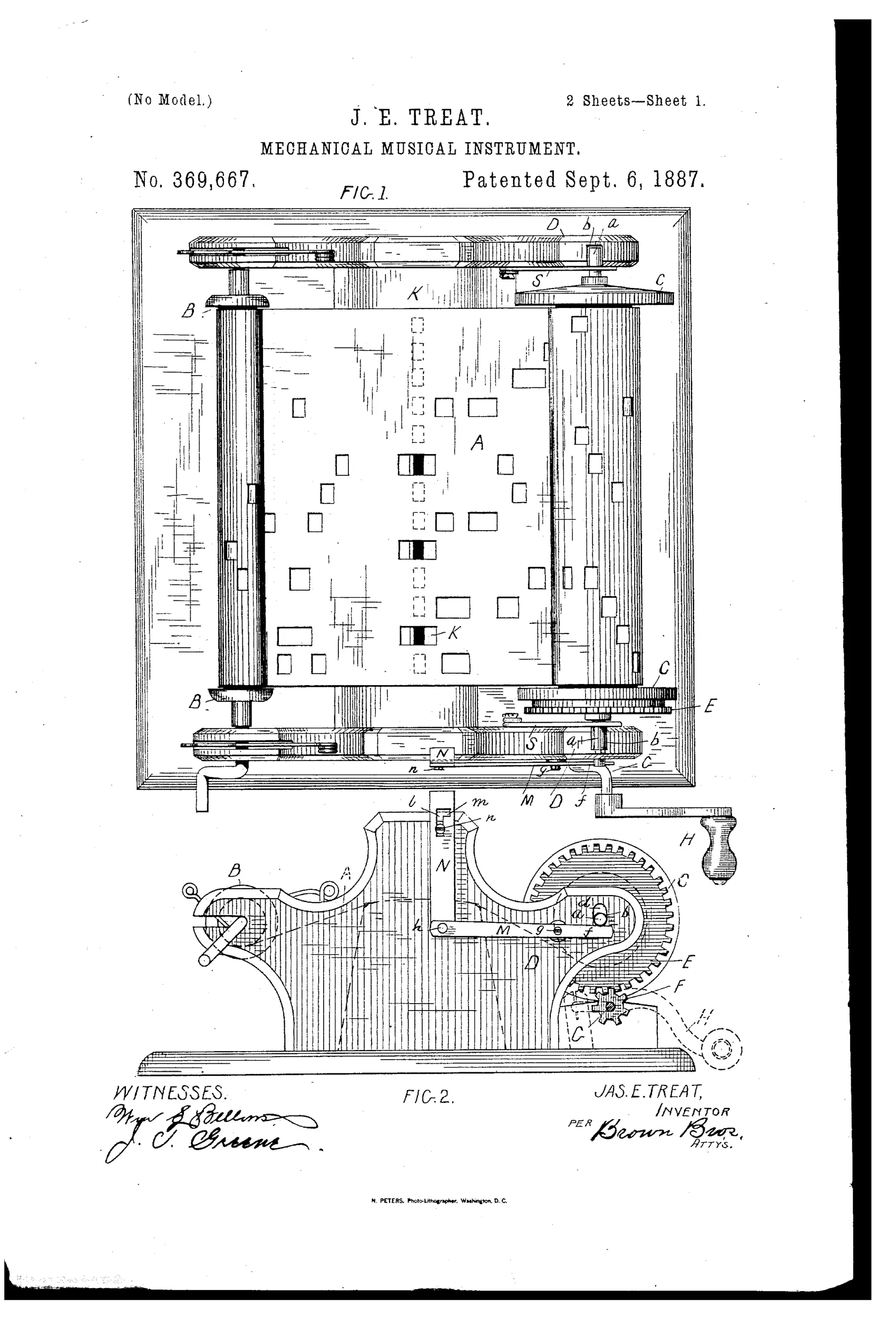 Patent drawing of a mechanical musical instrument showing a boxed frame with a perforated music-sheet stretched between two rollers, side gear wheels, a hand crank, and pivoted levers used to lift the take-up roller and stop the sheet's motion.