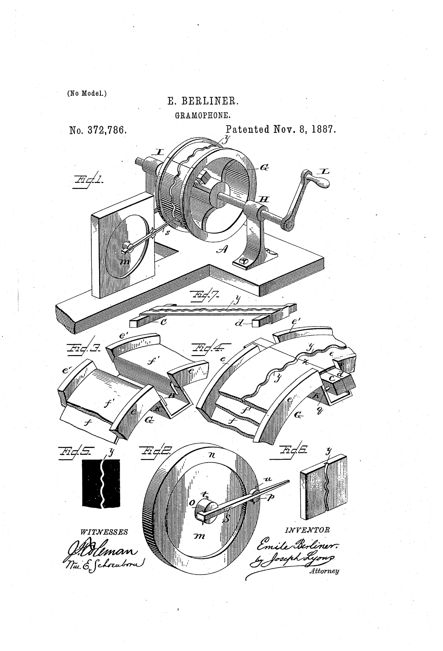 Patent drawing showing a hand-cranked drum-shaped gramophone recording apparatus with a stylus arm, diaphragm, and support frame, along with detail views of the grooved record surface, a wavy recorded line, and a circular diaphragm assembly with labeled parts.