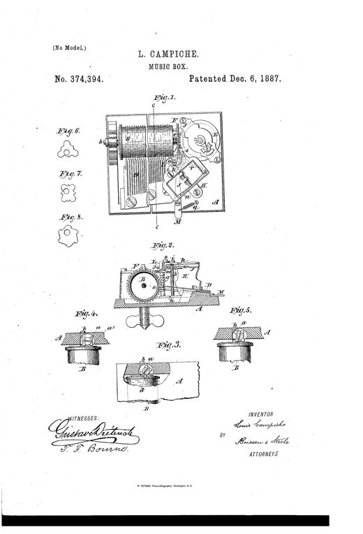 Patent drawing of a cylinder music-box mechanism showing the pin-barrel, comb, mainspring casing, and a set of small pivoted plates with projecting points used to shift the barrel for different tunes.