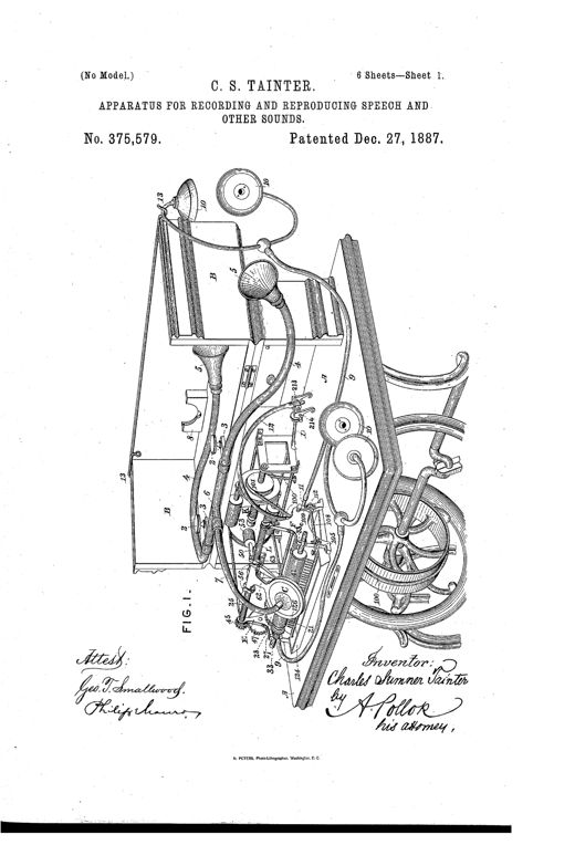 A hand-drawn patent illustration of a treadle-powered graphophone: an angled wooden frame supports a wax-tablet cylinder and gearing, with curved flexible speaking tubes ending in mouthpieces and an ear-trumpet horn arcing overhead, and a large foot-treadle wheel with spokes at the base of the machine.