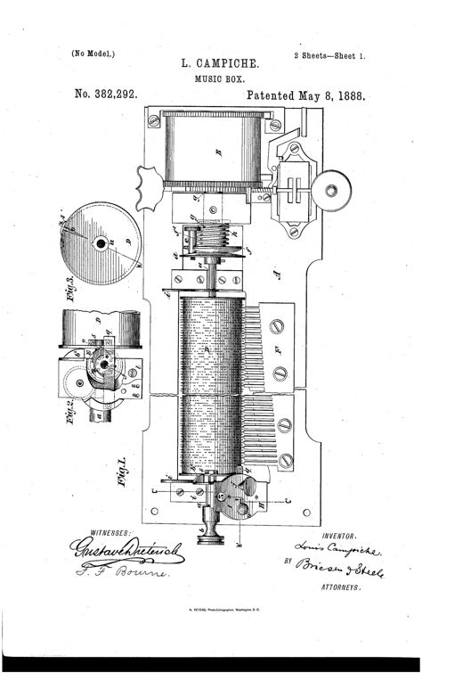 Patent drawings depicting the internal mechanism of a Swiss cylinder music box, showing the pinned barrel, mainspring housing, tooth comb, driving-shaft disks, and a multi-faced cam plate used to shift the barrel and change tunes.
