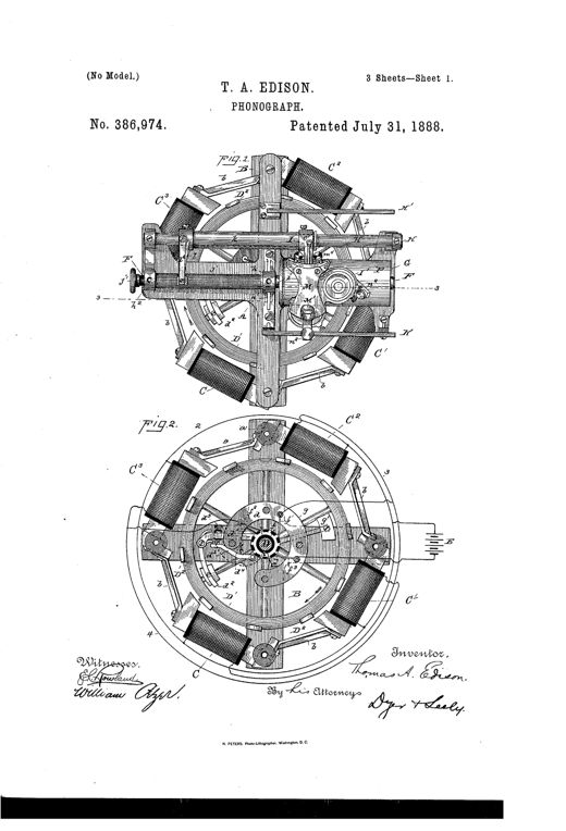 Patent drawing of Edison's phonograph showing a circular electro-magnetic motor with four magnets and a fly-wheel, plus a horizontal cylinder machine with a horn, recorder and reproducer arms, and a swinging holder frame.