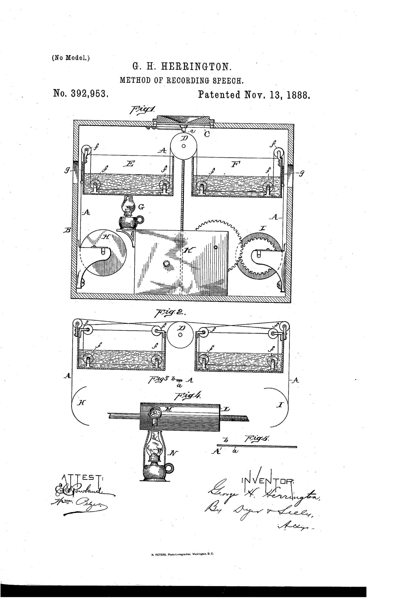 Patent drawing of a boxed phonograph recording apparatus showing a diaphragm and needle above a roller, flanked by two heating and cooling chambers with guide rollers, an oil lamp for heat, and gears and cranks (H, K, I) driving the recording strip through the mechanism.