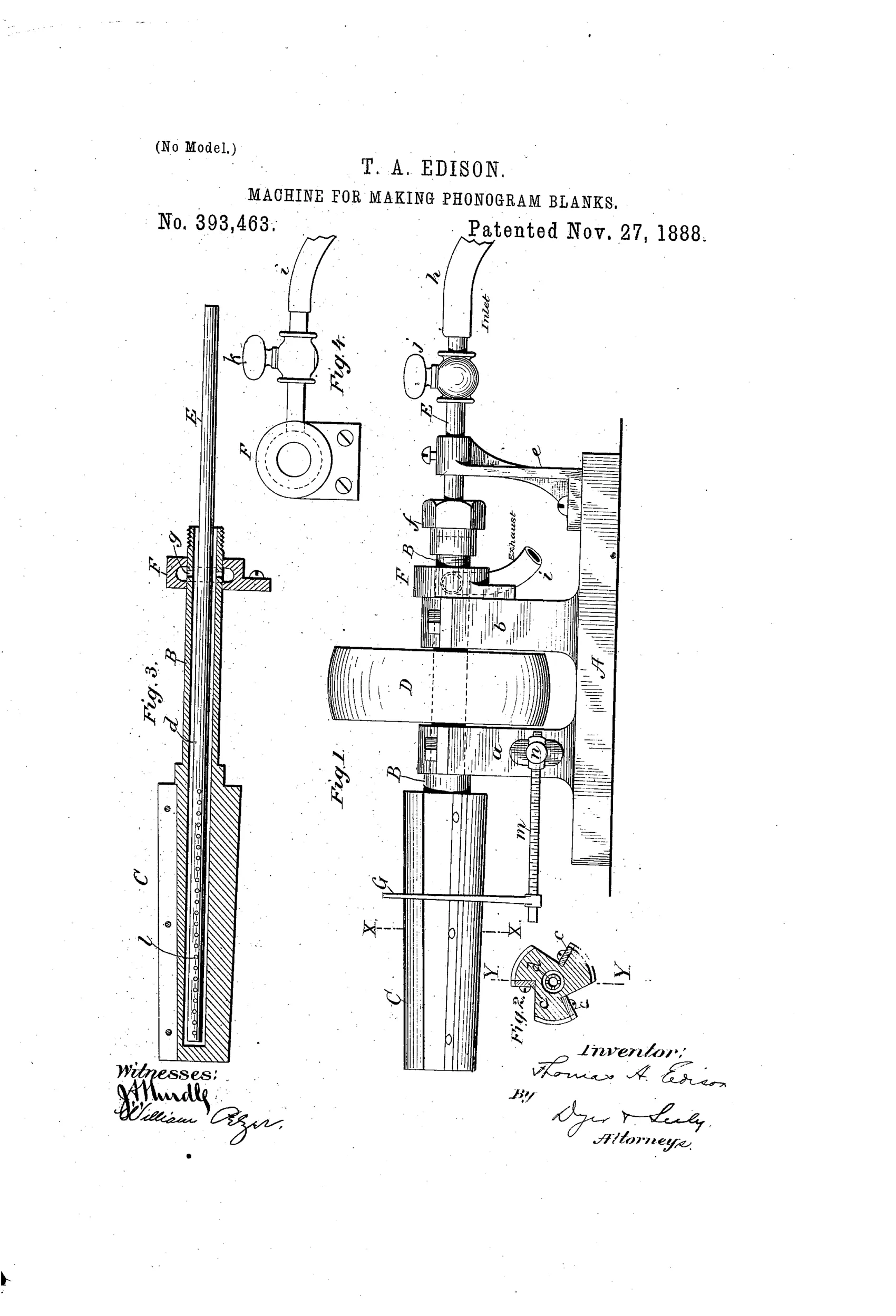 Patent drawing showing a horizontal shaft with a tapering hollow reamer, a large drive pulley labeled D, steam inlet and exhaust pipes, and a gage-arm mechanism, alongside a separate detailed cross-section and side view of the reamer's knife arrangement.