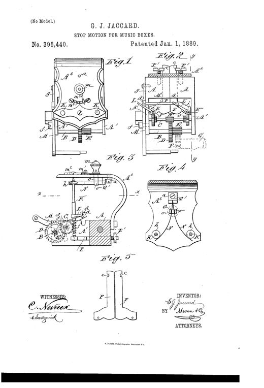 Patent drawing showing five figures of a music box stop-motion mechanism with gear wheels, vertical shafts, a stop-lever, brake springs, and adjusting plates labeled with letters A through P.
