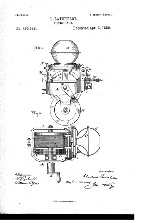 Patent drawing of a hand-cranked toy phonograph mechanism showing a round sound head with funnel, a diaphragm reproducer riding on a threaded shell, a fly-wheel, and a crank handle, with a separate detail view of the spring-loaded tripping lever.
