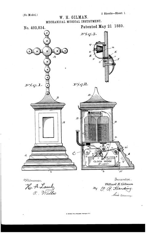 Patent drawing of an ornamental cross-topped chime cabinet with internal clockwork, bells, and a rotating perforated paper mechanism that controls electro-magnetic hammers striking a series of bells.