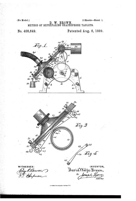 Patent drawing of a graphophone recording apparatus showing a frame with gears, a screw-threaded shaft, a record cylinder mounted between standards, a recorder with flexible speaking tube and diaphragm, and a separate bench-mounted machine with a rotating cylinder and adjustable weighted arm for smoothing the wax surface.