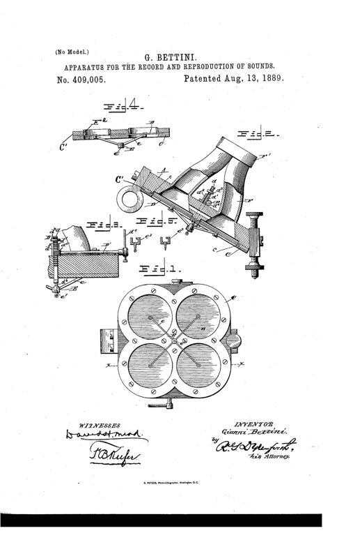 Patent drawing showing a four-lobed clover-shaped apparatus with resonant chambers (Fig.1), a sectional view revealing an internal spider-arm mechanism converging to a central stylus point connected to a flaring horn-like tube (Fig.2), and detail views of the diaphragm plates, tensioning pin, and record-making point/wheel (Figs.3-5).