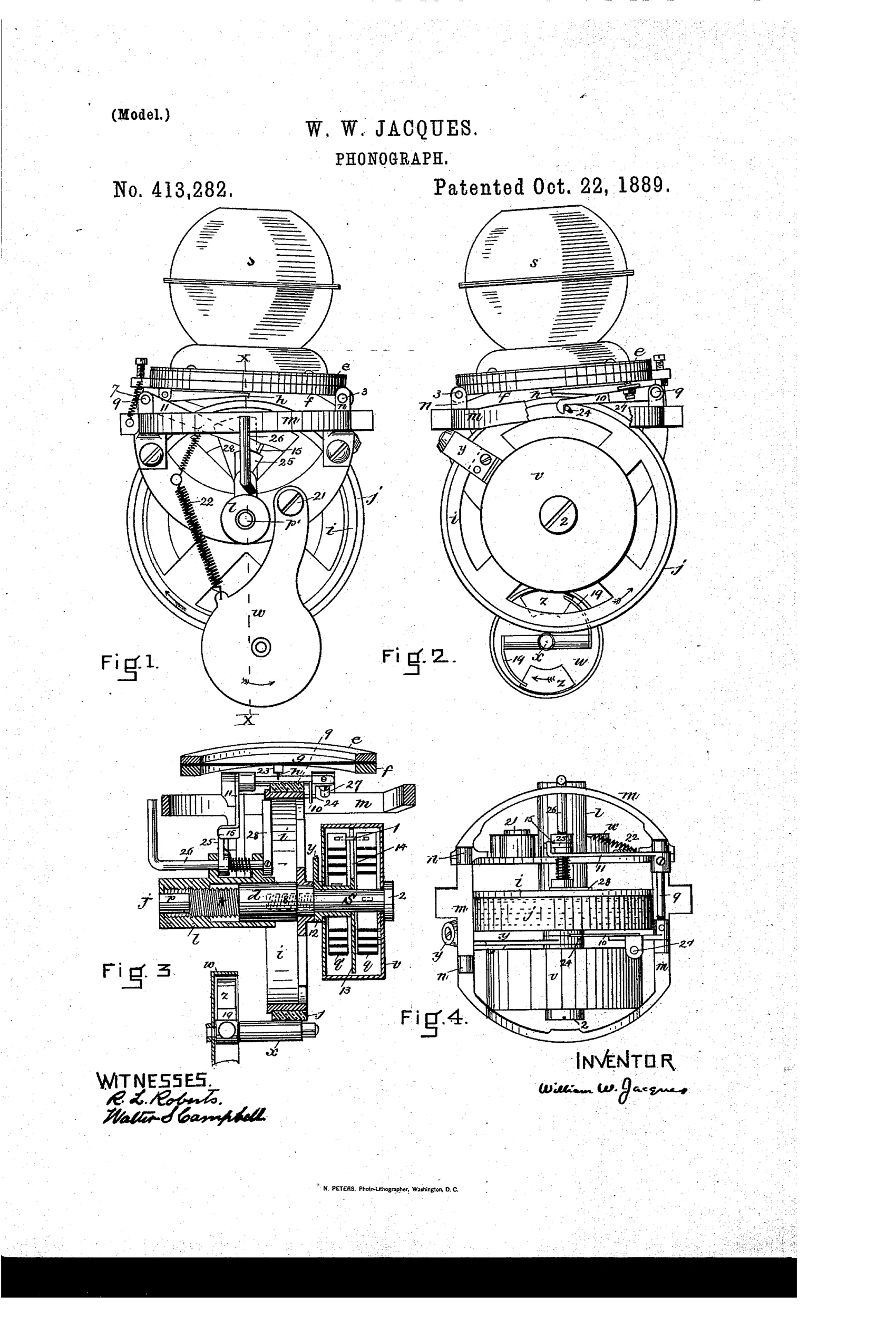 Patent drawing of a small mechanical toy phonograph showing a spherical resonator atop a cylindrical mechanism with diaphragm, stylus, gears, and a coiled spring assembly, illustrated in four labeled figures.