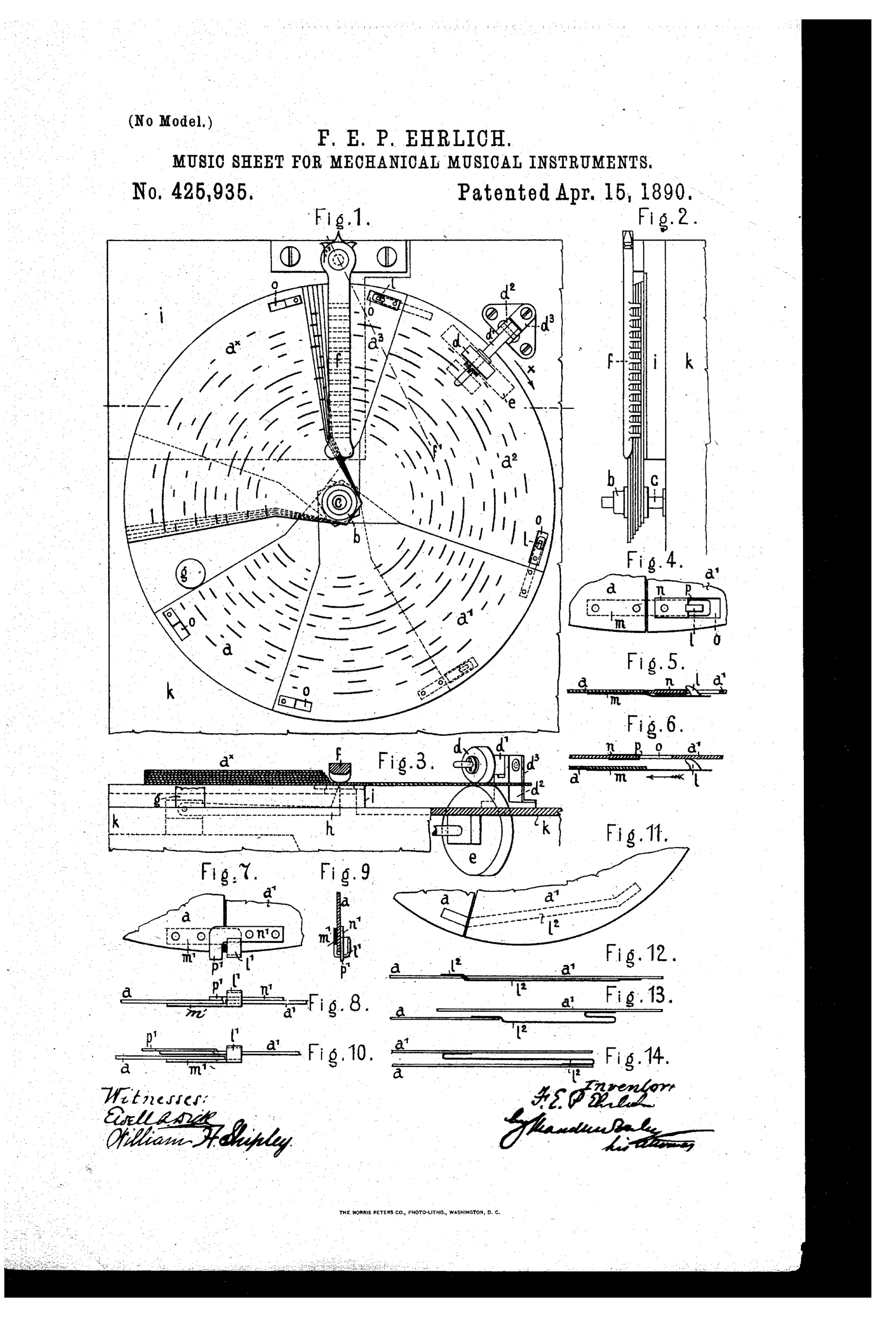 Patent drawing showing a circular fan-folded music sheet made of overlapping sectors mounted in a mechanical instrument box, with detail views of the roller feed mechanism, connecting tappets, and sliding sector joints.