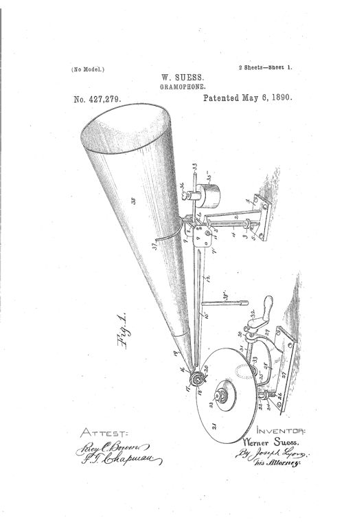 Patent drawing of an early gramophone reproducer showing a large conical horn mounted on a pivoted arm with a counterweight rod, connected to a diaphragm and stylus resting on a flat rotating record disk driven by a hand crank.