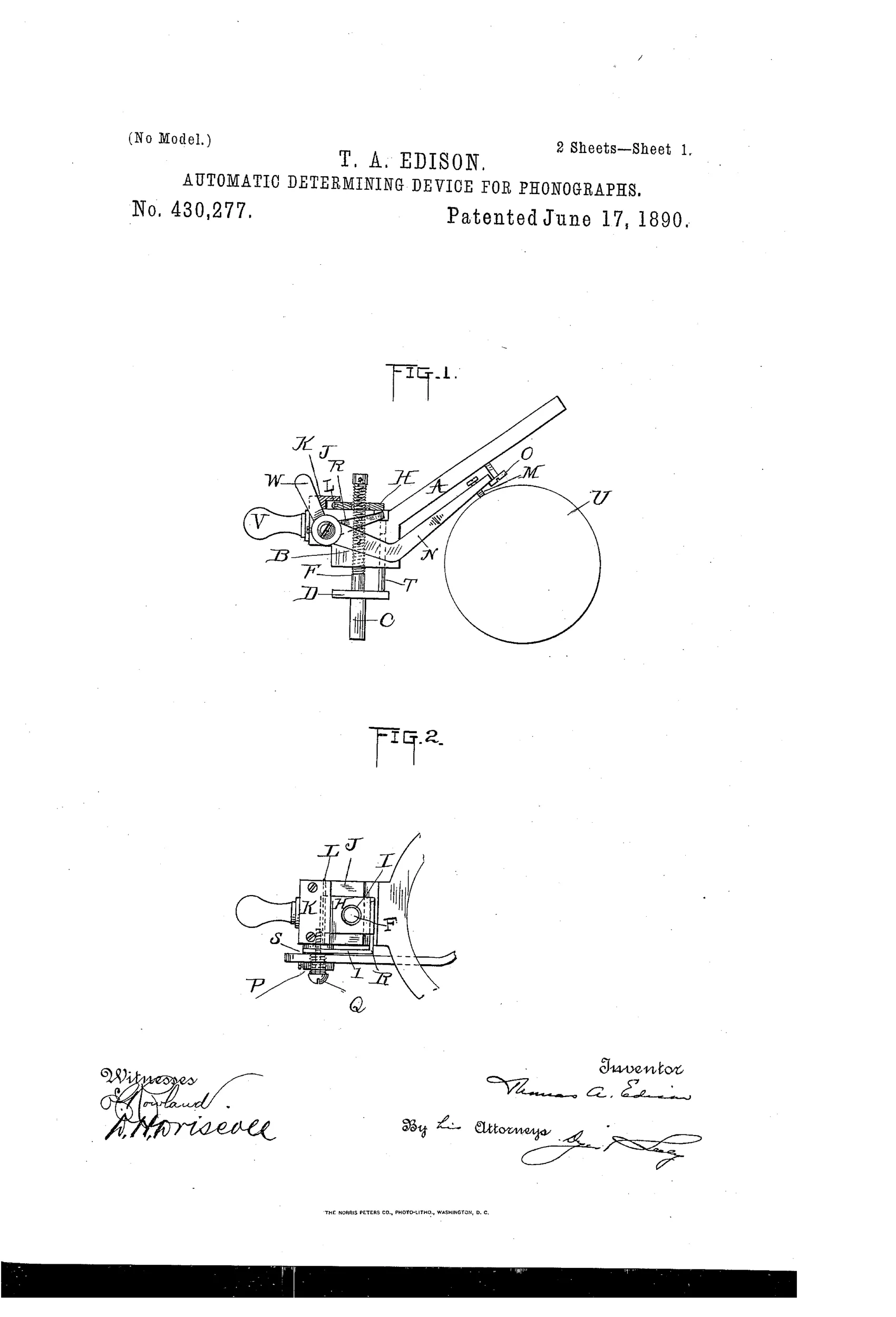 Mechanical drawing of an Edison phonograph attachment showing a spectacle-frame arm with a threaded presser-foot bar, a pivoted determining-point lever, and a locking mechanism positioned above a cylindrical phonogram-blank labeled U.