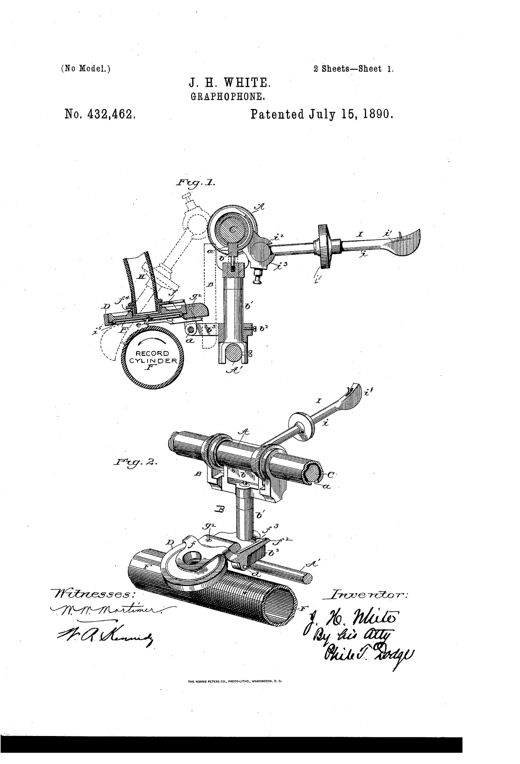 Patent drawing of a graphophone showing a horizontal record cylinder beneath a hinged diaphragm-frame carrying a recording style, with a separate speaking-tube support and a swinging reproducer arm mounted on a sliding carriage along guide rods.