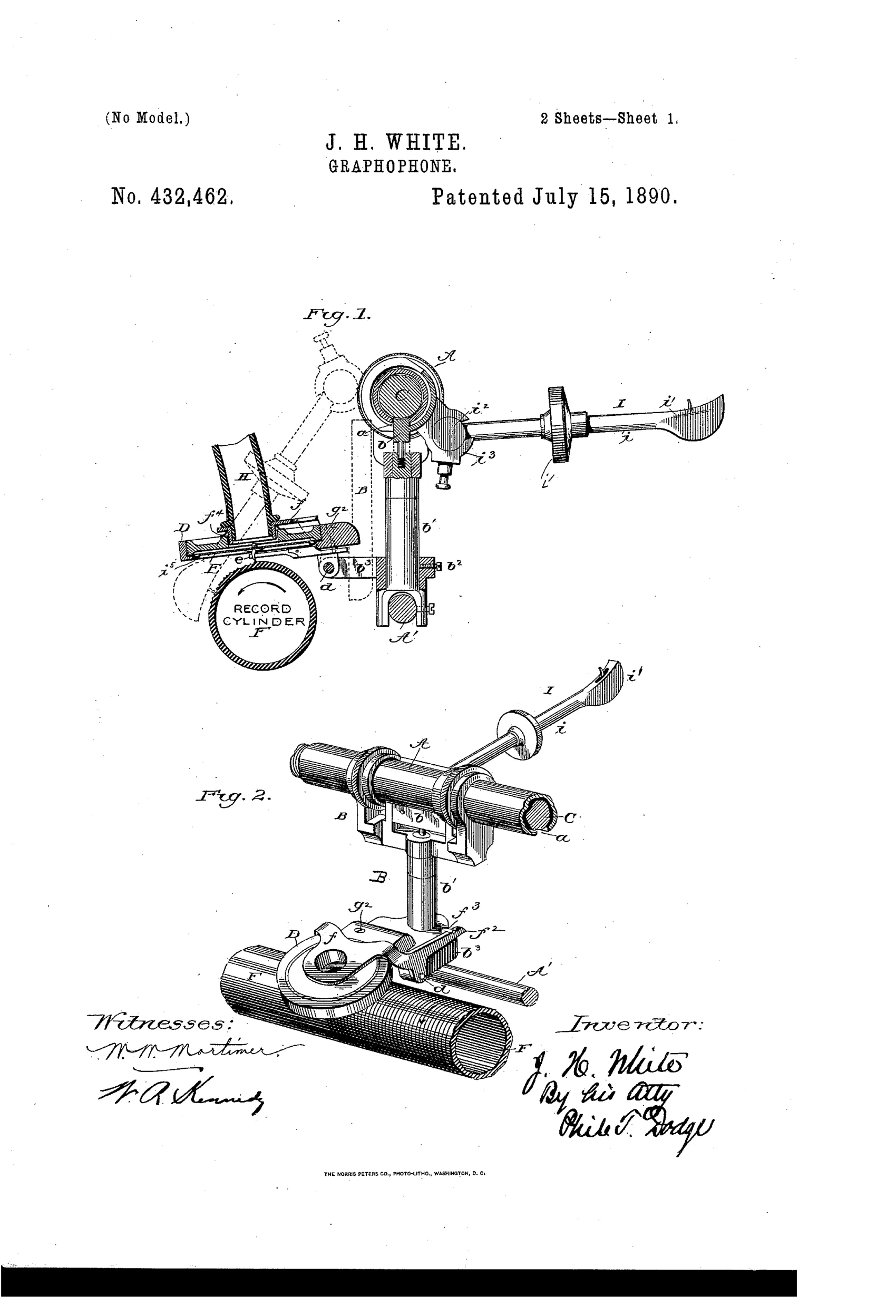 Patent drawing of a graphophone showing a horizontal record cylinder beneath a hinged diaphragm-frame carrying a recording style, with a separate speaking-tube support and a swinging reproducer arm mounted on a sliding carriage along guide rods.