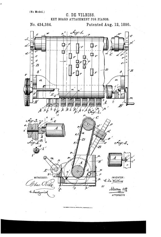 Patent drawing showing a rectangular wooden frame with inclined side standards holding two parallel rollers wrapped in an endless knobbed belt, a hand crank and pulley system on one end, and a row of spring tappet-levers beneath the rollers aligned over piano keys.