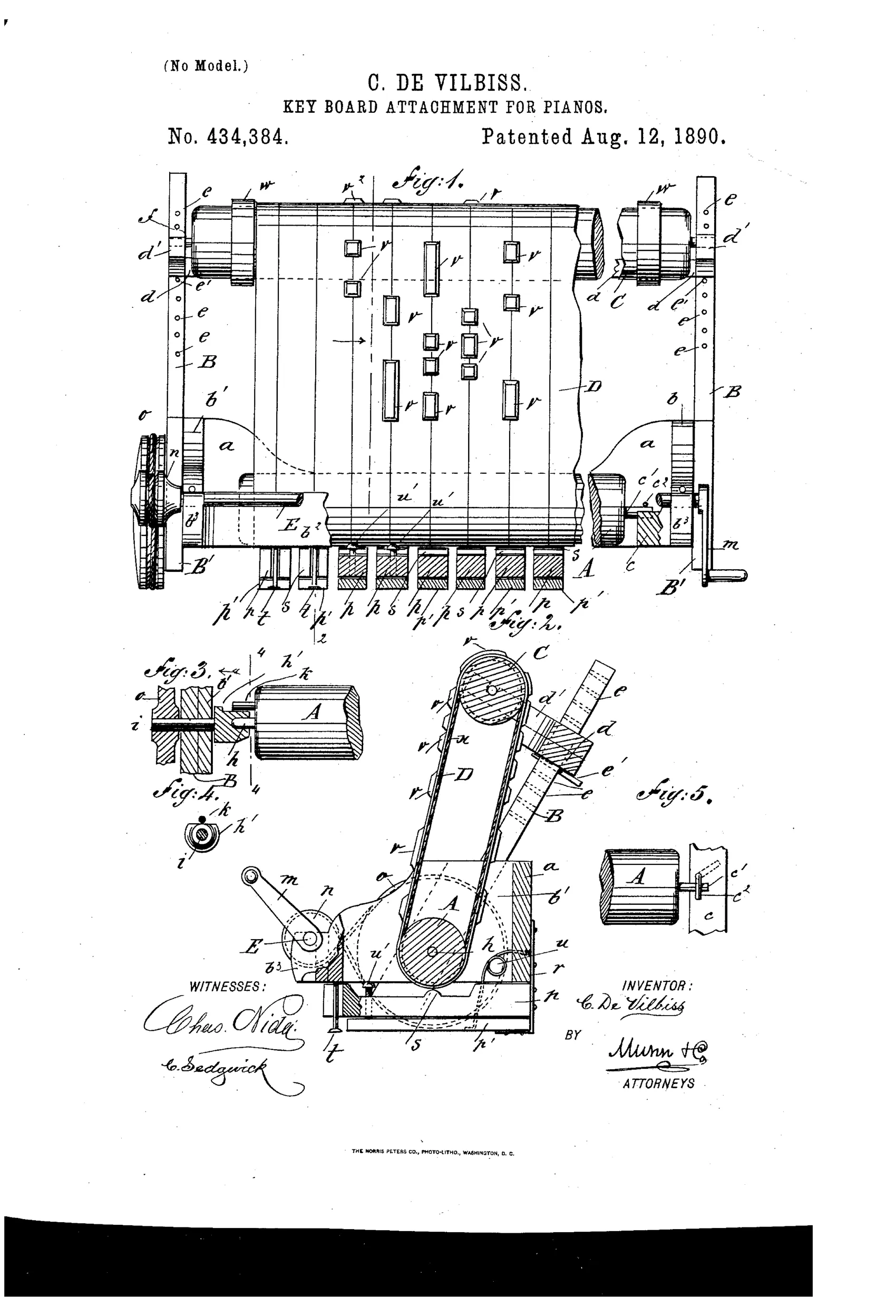 Patent drawing showing a rectangular wooden frame with inclined side standards holding two parallel rollers wrapped in an endless knobbed belt, a hand crank and pulley system on one end, and a row of spring tappet-levers beneath the rollers aligned over piano keys.