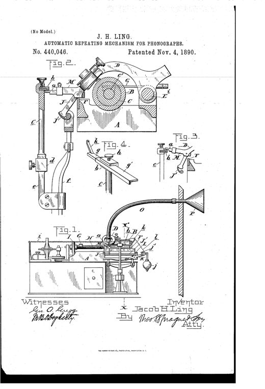 Patent drawing of a cylinder phonograph with a reproducing carriage on a threaded shaft, a curved flexible tube leading to an external funnel, and mechanical levers and rails for automatically lifting and returning the carriage.
