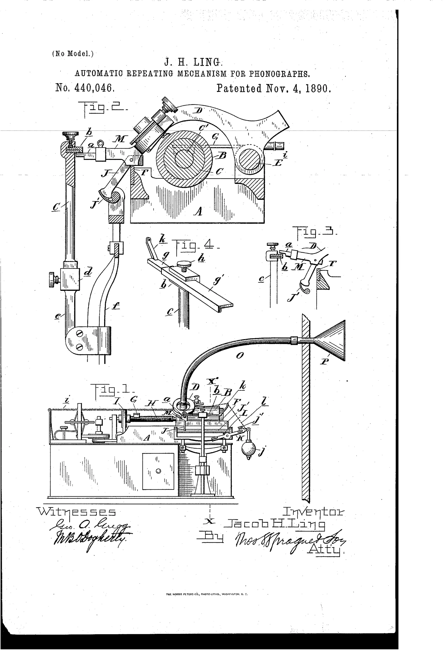 Patent drawing of a cylinder phonograph with a reproducing carriage on a threaded shaft, a curved flexible tube leading to an external funnel, and mechanical levers and rails for automatically lifting and returning the carriage.