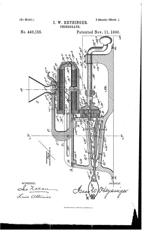 A cutaway side-elevation engineering drawing of a Victorian tabletop cylinder phonograph, showing a conical listening horn, a threaded rotating cylinder holding a tubular tablet, a governor bellows and friction gearing beneath, and a detachable water-filled heating tank slid along guide rails at the front.