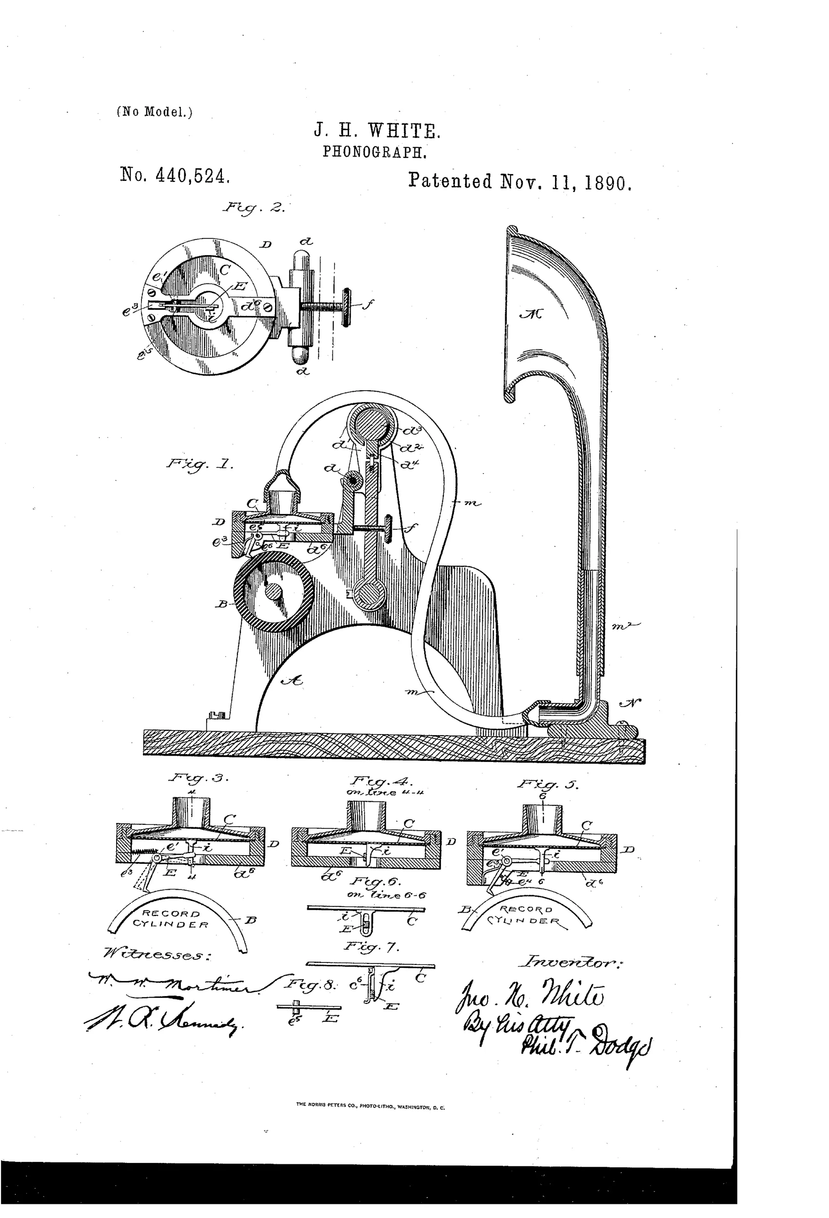 Patent drawing of a cylinder phonograph showing the main frame with grooved record cylinder, a diaphragm and pivoted style assembly on a sliding carriage, a large curved amplifying horn rising above, and several detail cross-sections of the reproducer mechanism below.