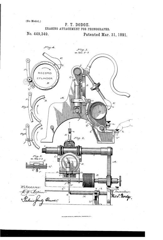 Patent drawing of a graphophone erasing attachment showing a record cylinder, carriage with reproducer and recorder arms, and a hinged eraser roller mechanism with control rods and finger-piece, plus enlarged detail views of the eraser wheel and alternate blade forms.