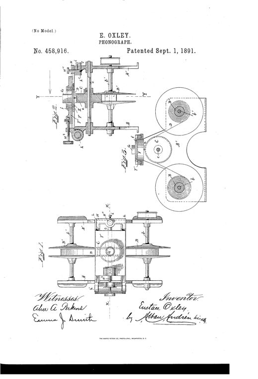Technical patent drawing showing a mechanical phonograph with two reels (B and B') connected by a wax-coated ribbon (D) that passes over a guide roller (C), with a hinged cover housing an adjustable diaphragm and stylus assembly, plus detailed cross-sections of the reel and roller mechanism.
