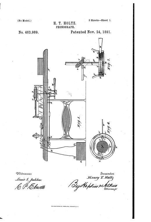 Patent drawing of a cylinder phonograph mechanism showing the recording cylinder, diaphragm arm, lifting-bar with cam-disk, and a pivoted lever labeled 'prime mover' used to start the motor and raise or lower the stylus.
