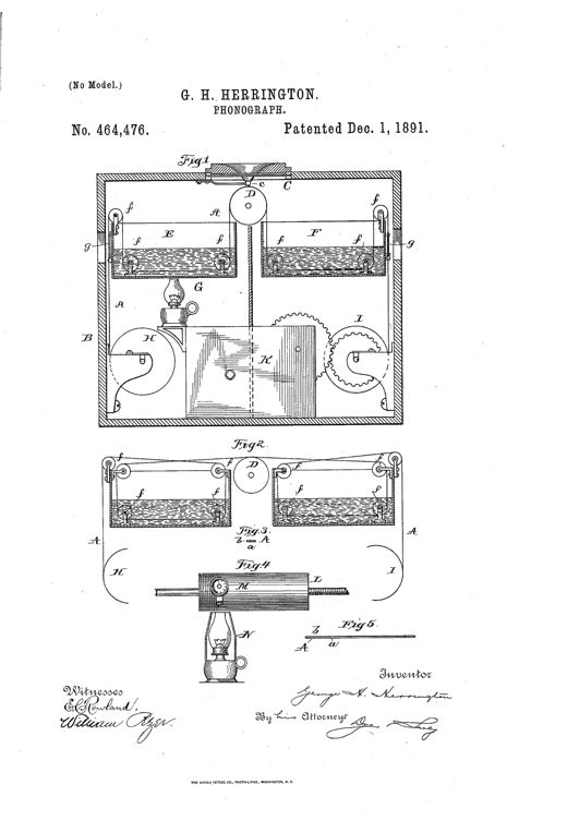 Patent drawing showing a boxed phonograph apparatus with a diaphragm and needle above a central roller, flanked by heating and cooling chambers labeled E and F containing a recording strip guided by pulleys and rollers, with gears and a motor below, plus a separate figure of a cylindrical phonograph with a lamp for heating the recording sheet.
