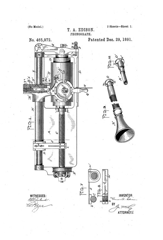 Patent drawing of an Edison cylinder phonograph showing the mandrel, cylinder-shaft with feed-screw, rocking holding-arm with combined recorder and reproducer, hand crank, and separate detailed views of a flared mouth-tube and an ear-tube attachment.