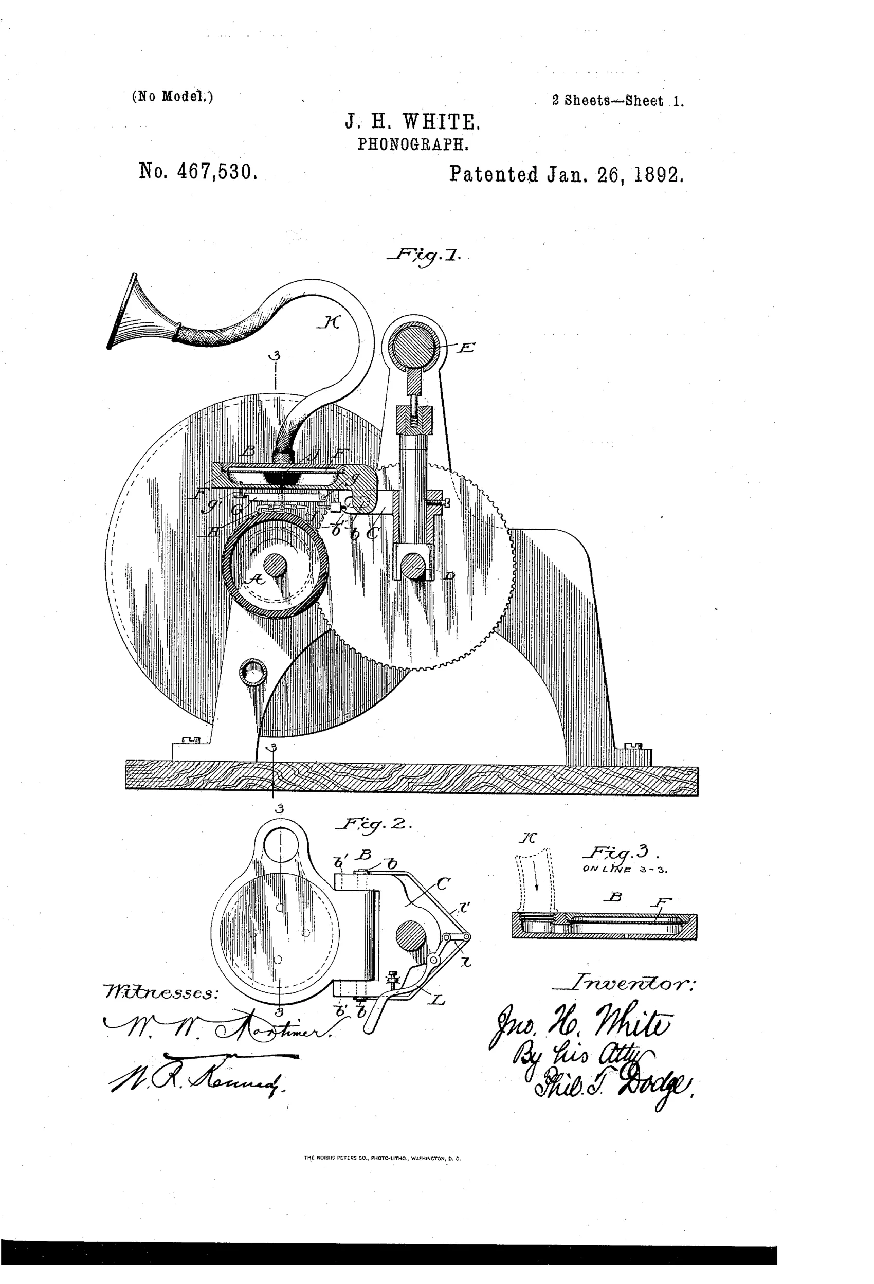 Patent drawing of a graphophone mechanism showing a wax cylinder, a curved sound tube leading to a horn, a diaphragm-supporting frame with pivoted styles, and a threaded guide rod for traversing the cylinder, with hand-signed inventor and witness signatures below.